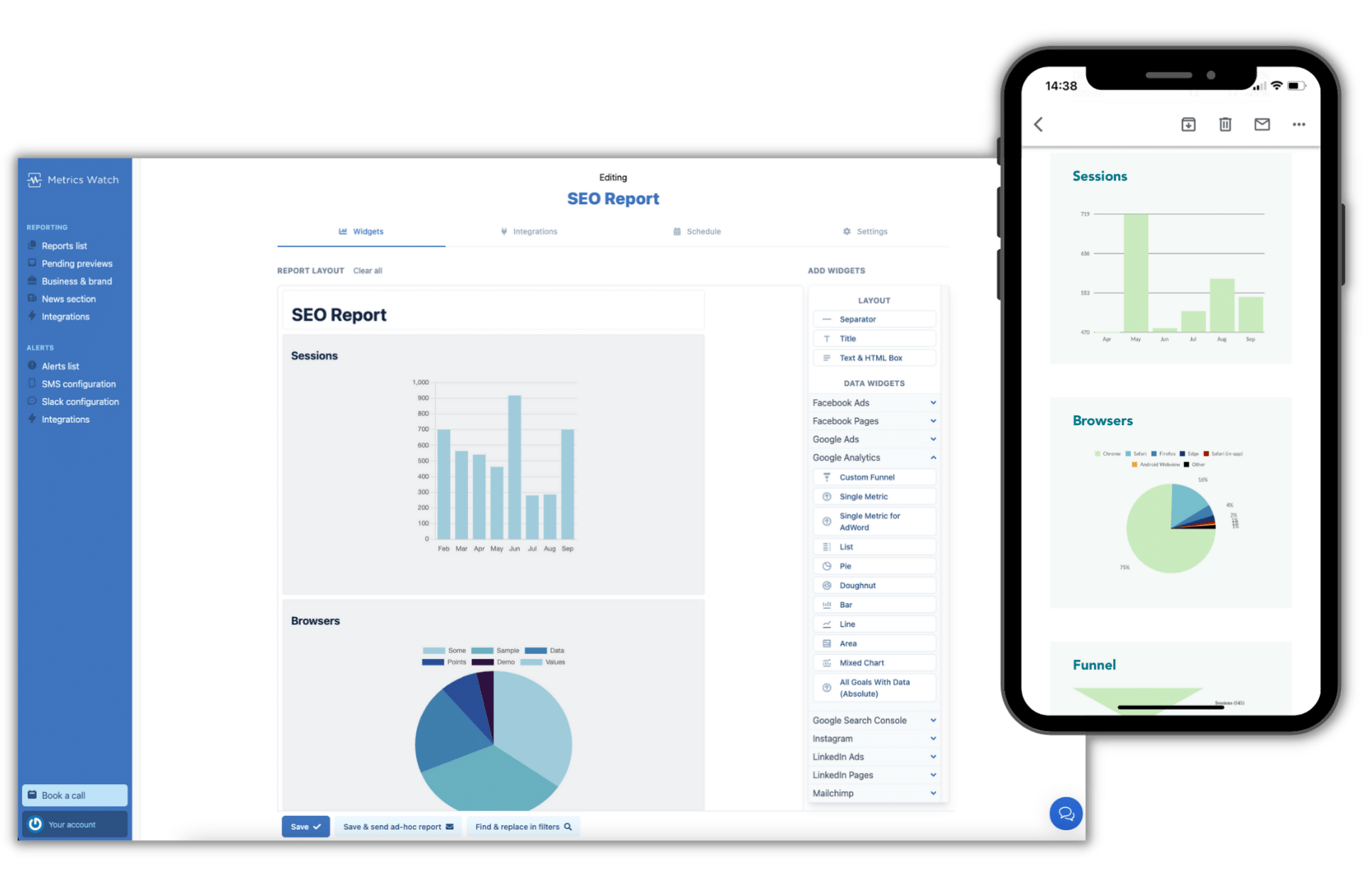 Metrics Watch report builder and mobile preview